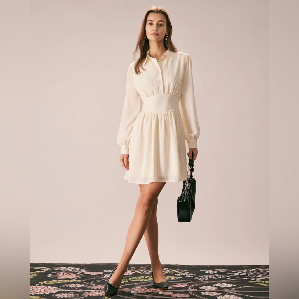 Nwt Rihoas The Beige Lapel Pleated Button Mini Dress Sz Xs, M.